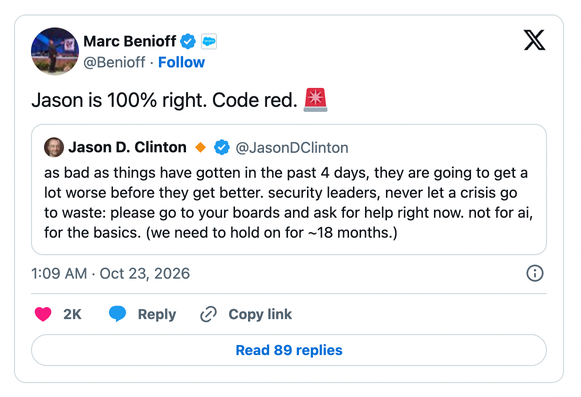 Post von Salesforce-CEO Marc Benioff auf X: „Code red“