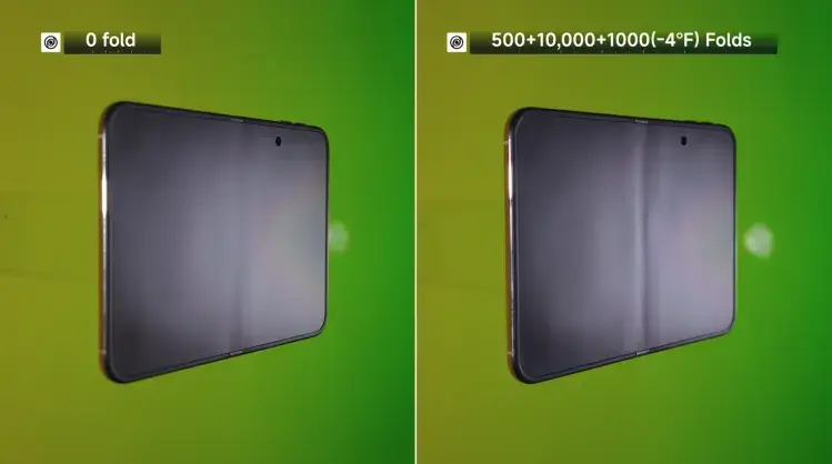 Sichtbare Falz im Display des iPhone Duo nach 10.000 Faltvorgängen